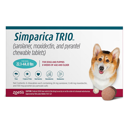 Simparica Trio For Dogs 22.1-44 Lbs Teal 6 Chews