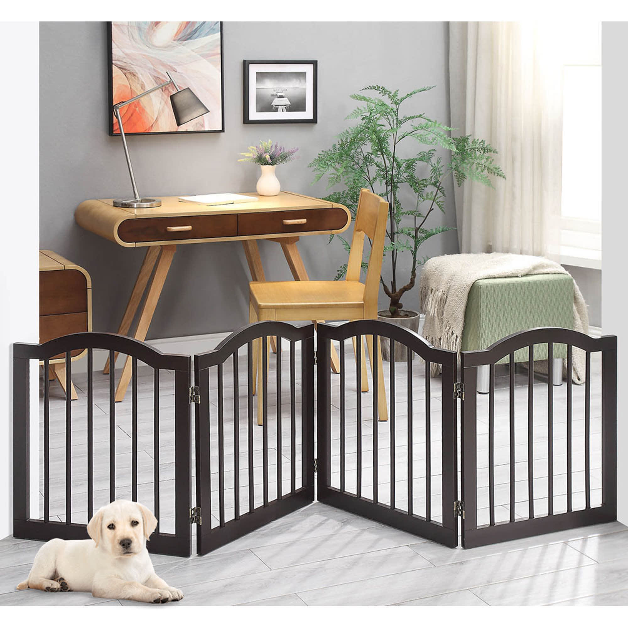 UniPaws Arched Top 4 Panel Dog Gate Espresso Freestanding